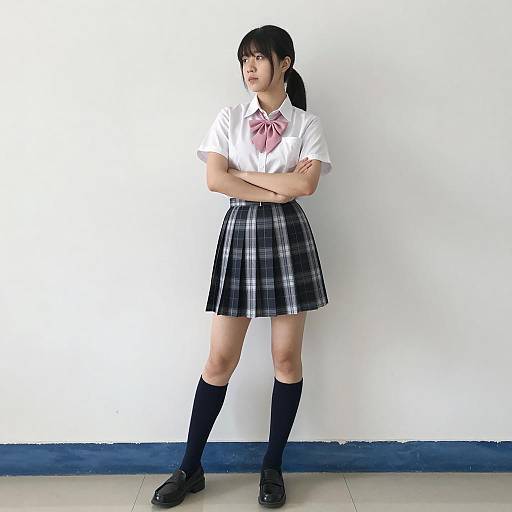 Stylish Asian Woman in Plaid Skirt