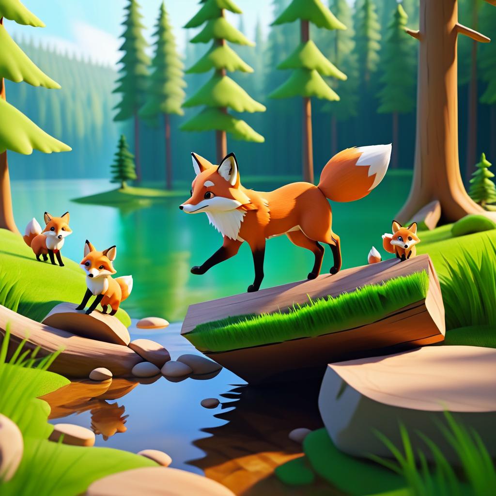 Charming Fox Family in Vibrant Forest Scene