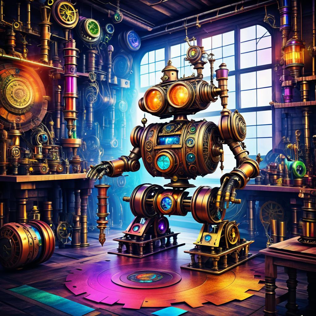 Vibrant Steampunk Robot in Fantasy Workshop