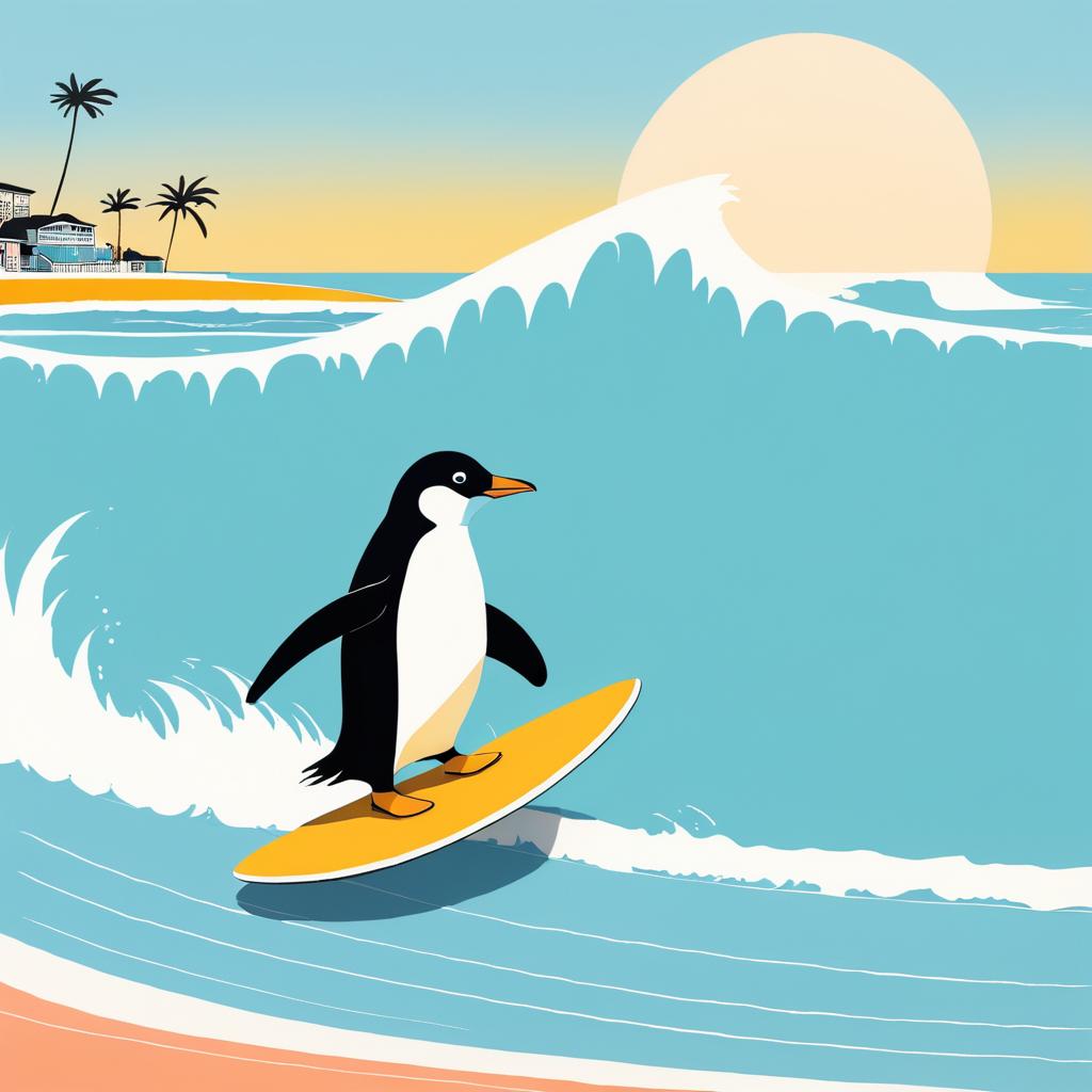 Whimsical Surfing Penguin in Sunny Beach