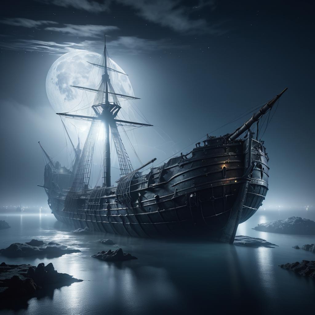 Moonlit Ancient Naval Wreck Scene