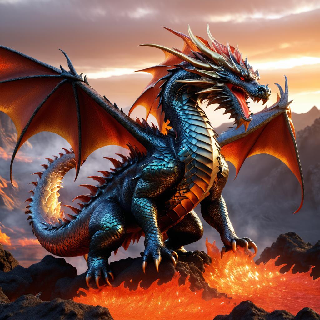 Fierce Dragon in Fiery Volcano Landscape