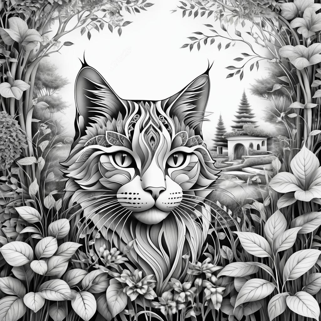 Intricate Cat Head Garden Sketch