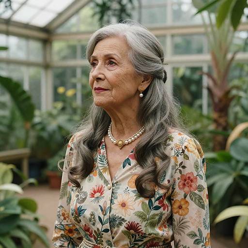 Photograph of an elderly woman with long gray hair, floral blouse, pearl necklace, and earrings, standing in a lush greenhouse.