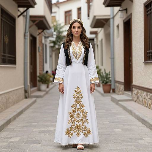 Photograph of a young woman with long brown hair wearing a white traditional dress with gold embroidery, black vest, and gold headpiece, standing in a