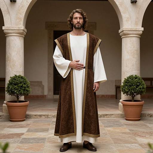 Photograph of a bearded man with long brown hair, wearing a white robe and brown vest with gold trim, standing in a stone courtyard with arch