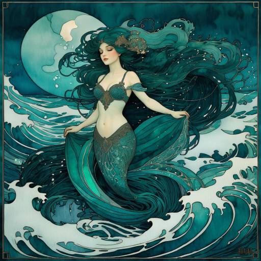 Detailed Mermaid Ink Illustration in Stormy Sea