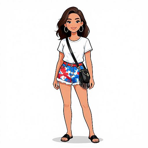 Digital illustration of a young woman with medium skin tone, dark brown hair, wearing a white t-shirt, red, white, and blue star-patterned