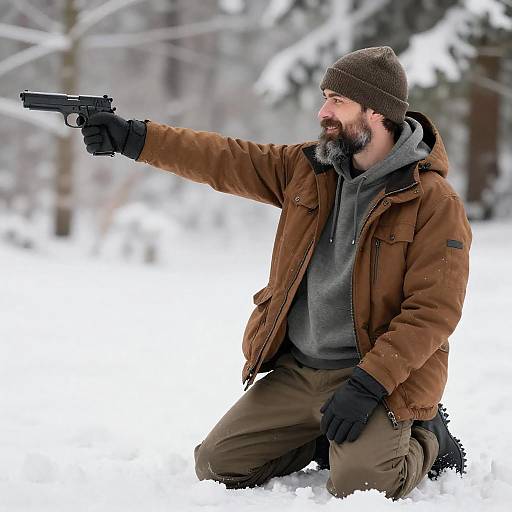 Smiling Bearded Man Kneeling with Handgun