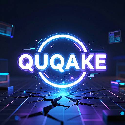 Cyberpunk Quake Logo with Neon Grid