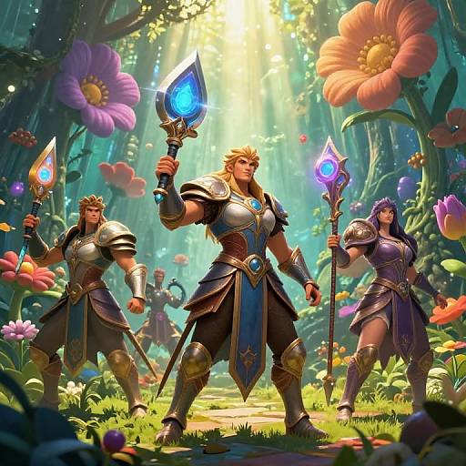 Digital fantasy artwork of three armored warriors with glowing blue staffs, standing in a vibrant, sunlit forest filled with large, colorful flowers.