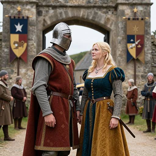 Photograph of medieval scene: armored knight with helmet and red-brown tunic stands before blonde woman in blue dress and yellow skirt, stone gate with