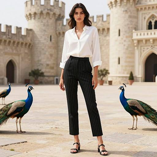 Elegant Woman in Castle Courtyard