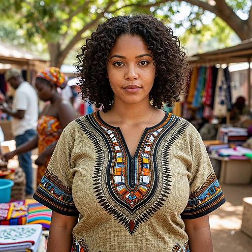Photograph of a Black woman with curly hair, wearing a detailed, patterned, beige traditional dress, standing in a vibrant outdoor market.