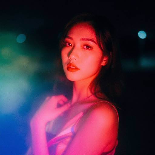 Neon-lit portrait of an Asian woman with long black hair, glowing red and pink light, blurred blue and green background, ethereal and mysterious