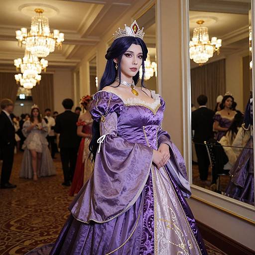 Photograph of a young woman in a regal purple ball gown and silver tiara, standing in a grand, chandelier-lit ballroom with