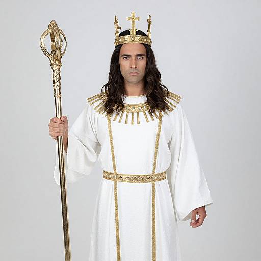 Photograph of a man with long black hair, wearing a white and gold regal robe, crown, and holding an ornate staff, against a
