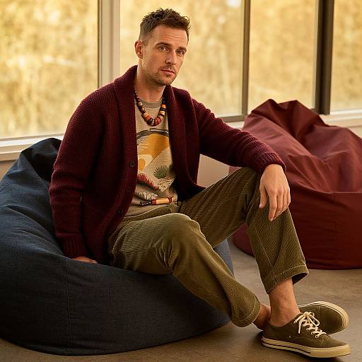 Photograph of a casually dressed, light-skinned man with short dark hair, wearing a maroon cardigan, patterned shirt, green pants,