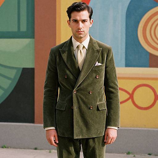 Confident Man in Olive Corduroy Suit