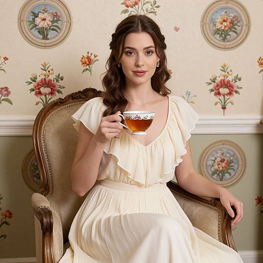 Photograph of a brunette woman with wavy hair in a white, ruffled dress, holding a teacup, seated in an ornate chair