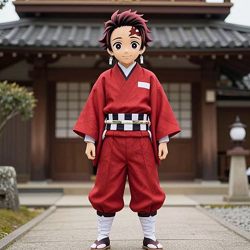 Digital illustration of a cute anime-style boy in a red kimono with black-and-white sash, standing in front of a traditional Japanese wooden house.