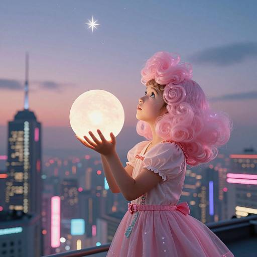 Digital illustration of a pink-haired girl in a pink dress holding a glowing moon, against a neon-lit city skyline at dusk.