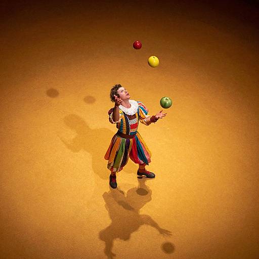 Photograph of a jester-like performer with colorful costume, juggling three balls (red, yellow, green) on a bright orange stage.