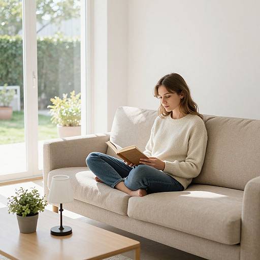 Photograph of a woman with light brown hair, wearing a white sweater and blue jeans, reading a book on a beige sofa in a sunlit living