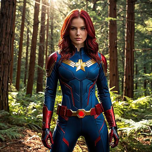 Female Superhero in Red and Blue Suit in Forest