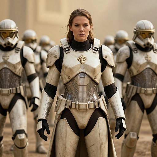 Photograph of a determined woman in silver, armored military uniform with black accents, standing in front of a line of similarly armored soldiers, in a dusty