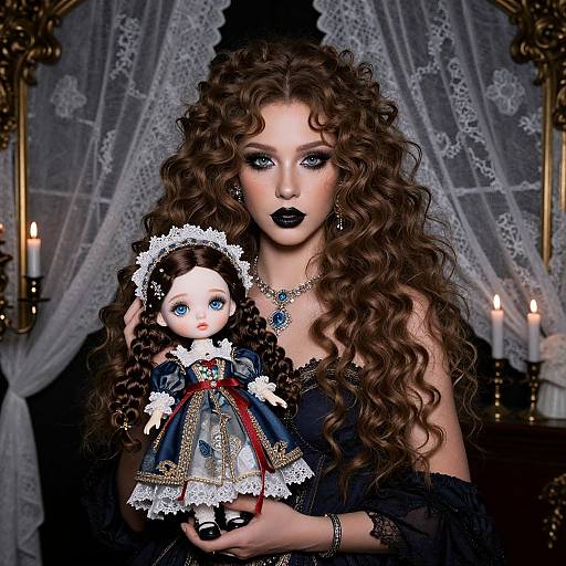 Gothic-themed photograph of a woman with long, curly brown hair, black lipstick, lace dress, holding a porcelain doll with blue eyes and Victorian