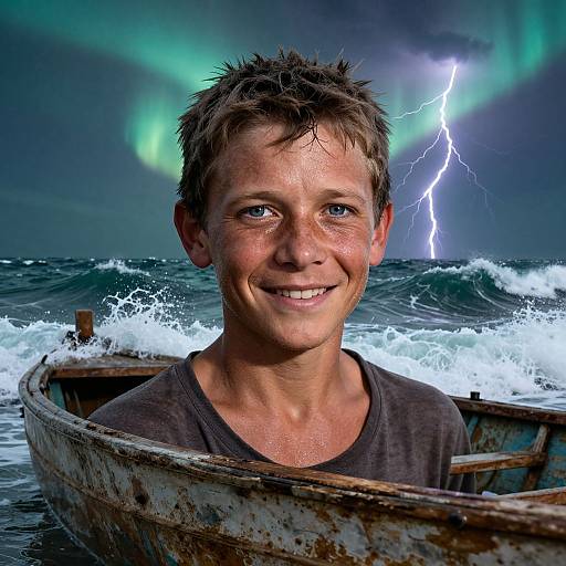Photograph of a smiling young man with short, wet, brown hair in a weathered boat, under a vibrant aurora and lightning storm. Ocean