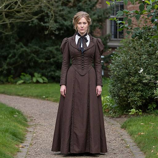 Photograph of a stern-faced woman with wavy brown hair, wearing a long, black Victorian-style dress with puffed sleeves, standing on a gravel