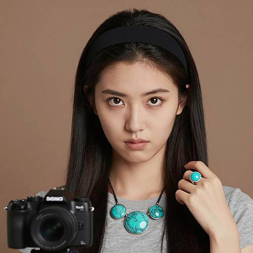 Young Woman with Turquoise Jewelry Holding Camera