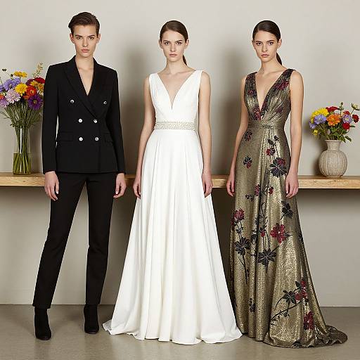 Photograph of three people: a man in a black double-breasted suit, a woman in a white V-neck gown, and another woman in a