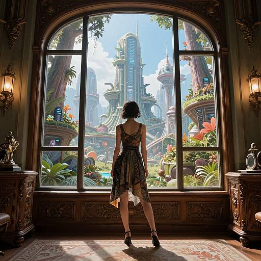 Digital art: Woman in a patterned dress stands in a dimly lit room, gazing through a large window at a vibrant, futuristic cityscape