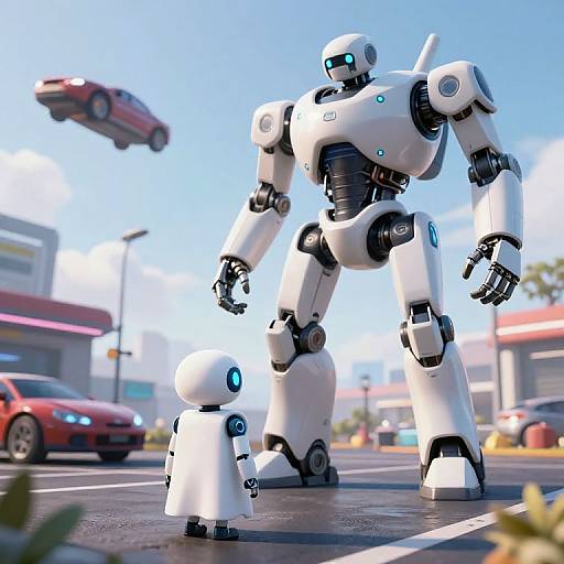 CGI image of two white, futuristic robots standing in a sunny parking lot; one small, one tall, with a flying red car in the background