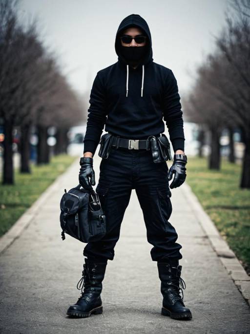 Man in Tactical Black Outfit Outdoors