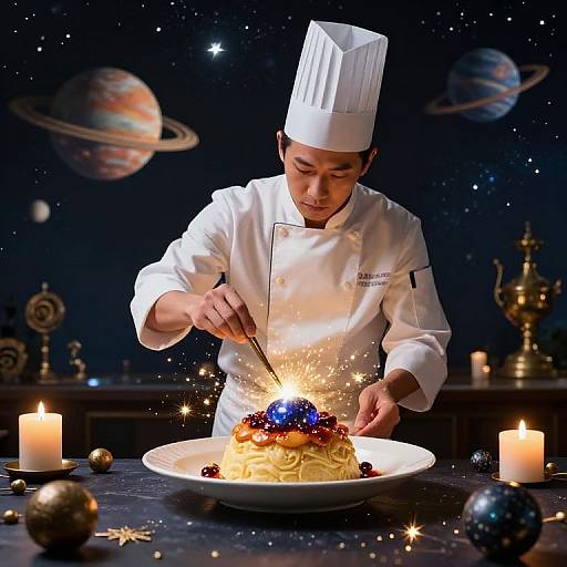 Photograph of a male chef in a white uniform and hat, igniting a sparkler on a starry-themed plate of spaghetti with blue sphere,