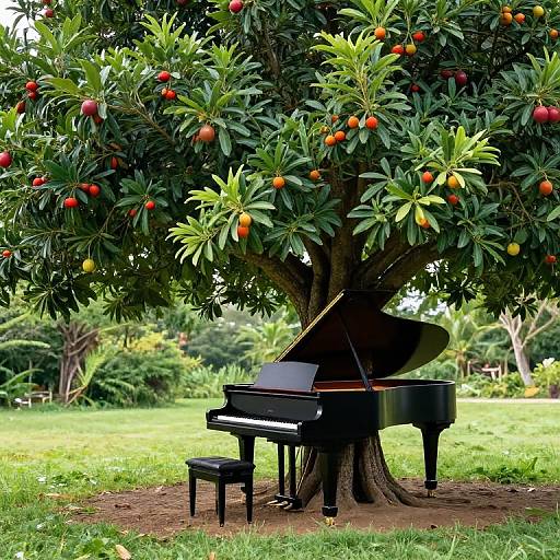 Photograph of a black grand piano under an orange tree with ripe fruit, situated on a grassy lawn in a garden.