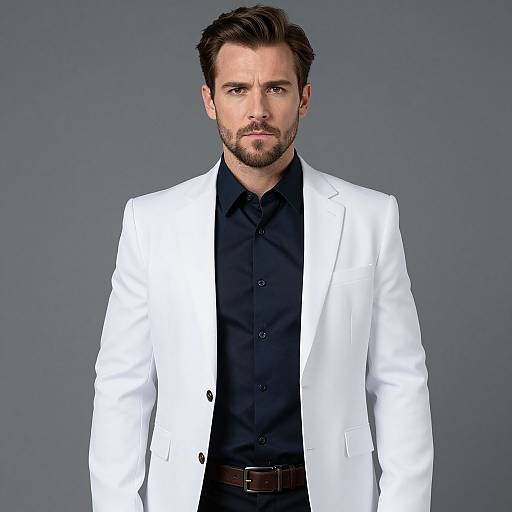 Photograph of a handsome, bearded man with short brown hair, wearing a white suit over a black shirt, against a gray background.