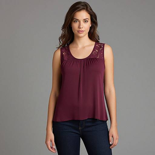 Photograph of a fair-skinned woman with wavy dark brown hair, wearing a sleeveless maroon top with lace details and black jeans, standing