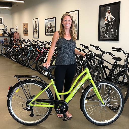 Photograph of a smiling blonde woman in a gray tank top and black pants, standing beside a bright yellow bike in a bike shop with framed black-and