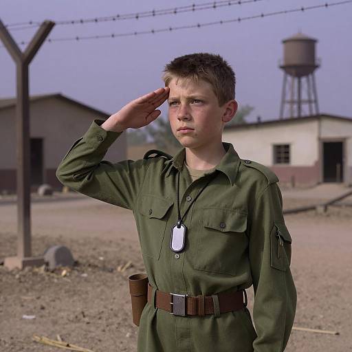 Saluting Boy in War-Torn Landscape