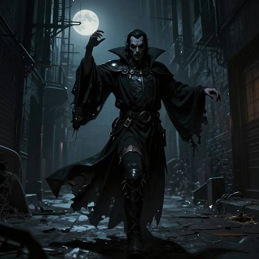 Digital art of a dark, muscular vampire with pale skin, black cloak, and sharp features, holding a knife under a full moon in a gloomy