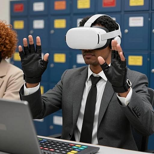 Man Using Virtual Reality with Gloves at Control Panel