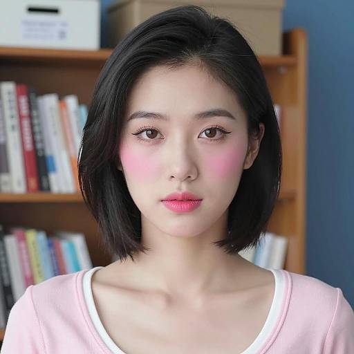 Young woman with pink blush and short black hair