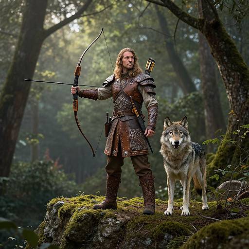 Photograph of a long-haired, blonde man in medieval armor standing on mossy rock, holding a bow, with a wolf by his side in a
