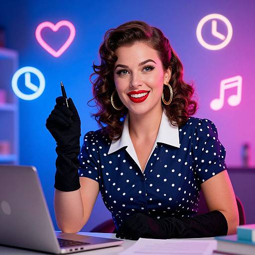 Vintage 1940s Woman with Neon Icons