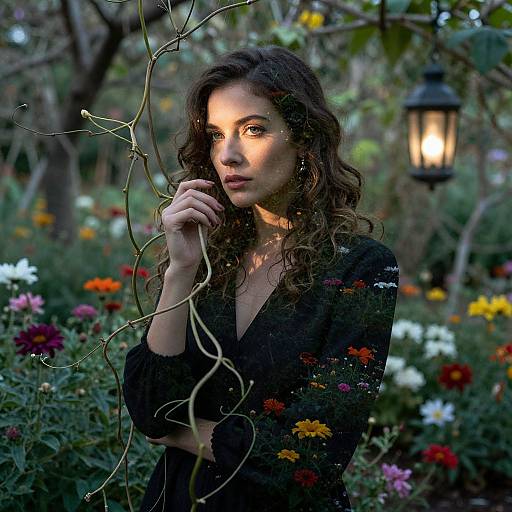 Photograph of a curly-haired woman in a black top, standing in a vibrant, flower-filled garden at dusk, with a lantern glowing in the background